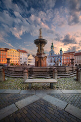 Ceske Budejovice, Czech Republic. Cityscape image of downtown Ceske Budejovice, Czech Republic with Premysl Otakar II Square and Samson Fountain at summer sunset.