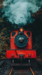 Fototapeta premium Vintage Red Steam Locomotive Train Puffing Smoke in Forest.