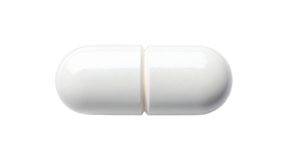 Close-up of a white, oblong capsule pill with a vertical score line against black