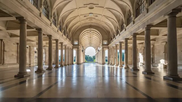 Sunlight streaming through a historic arched hallway with columns.