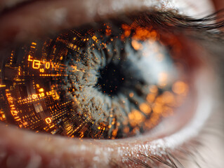 Digital technology concept showing a detailed human eye with glowing orange data and circuit patterns symbolizing advanced cybernetic vision and innovation