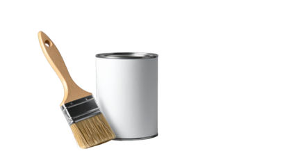 A paintbrush leans on a plain, closed paint can against a black background