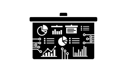 Minimalist black and white infographic display with various charts and data visualizations