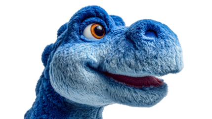 Adorable blue plush dinosaur toy with wide orange eye and open mouth, perfect for children storybooks, educational materials, and playful marketing campaigns