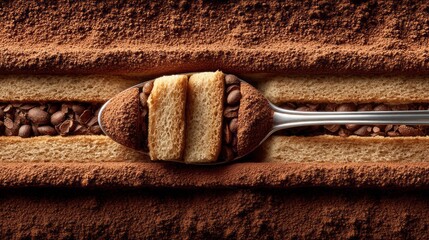 A delicious tiramisu cake lays invitingly, displaying layers of coffee-soaked sponge and creamy mascarpone. The close-up captures the rich textures and cocoa dusting perfectly