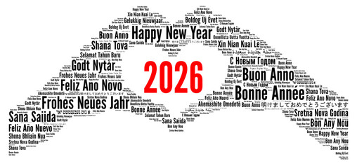 Happy New Year 2026 word cloud in different languages