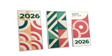 A set of three New Year’s 2026 poster templates displayed side-by-side against a png backdrop.