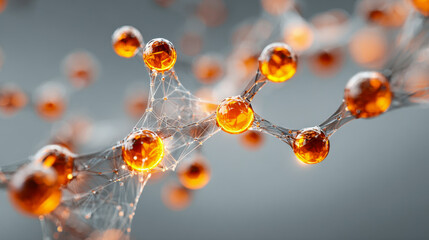 Abstract visualization of interconnected orange molecular spheres representing futuristic technology and scientific innovation in a sleek digital environment
