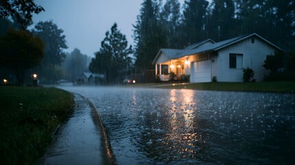 Fototapeta premium Paved driveway and green lawn during a heavy downpour, rain splashing on the wet surface, suburban house garage in background, grey lighting.