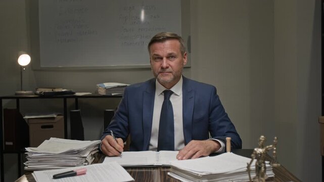 Medium portrait of confident middle-aged Caucasian male attorney sitting at desk in law firm office, working with case files, writing arguments for court trial, looking at camera and smiling