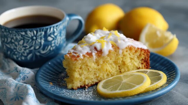 A slice of lemon cake with white icing and lemon zest served with a cup of coffee and fresh lemons
