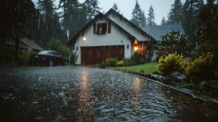 Obraz premium Paved driveway and green lawn during a heavy downpour, rain splashing on the wet surface, suburban house garage in background, grey lighting.