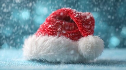 Red Santa hat with white trim and faux snow accents on a blue surface Christmas