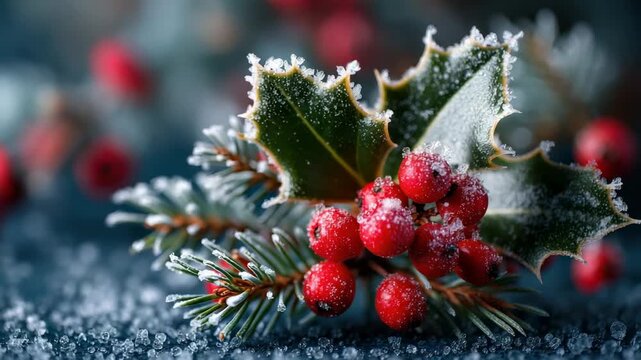 Frost covered holly leaves and red berries on a pine branch close up winter macro