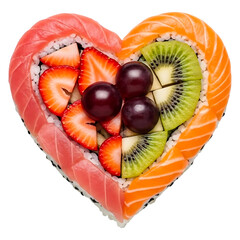 Heart shaped sushi with strawberries, kiwi and cherries on a transparent background