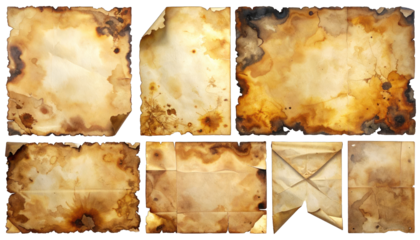 Collection of aged, stained, and burnt parchment sheets, suitable for historical themes