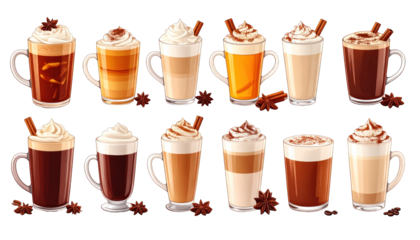 Eleven colorful mugs with lattes and toppings against a black background