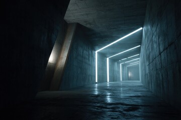Futuristic Neon Lit Tunnel Corridor in Dark Sci-Fi Environment.