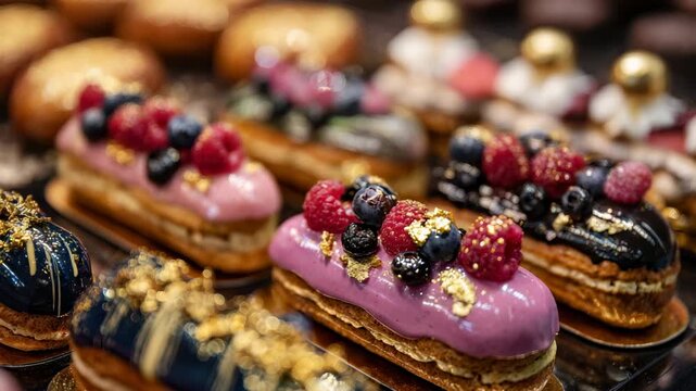 Assortment of gourmet eclairs adorned with fresh berries and edible gold leaf decorations