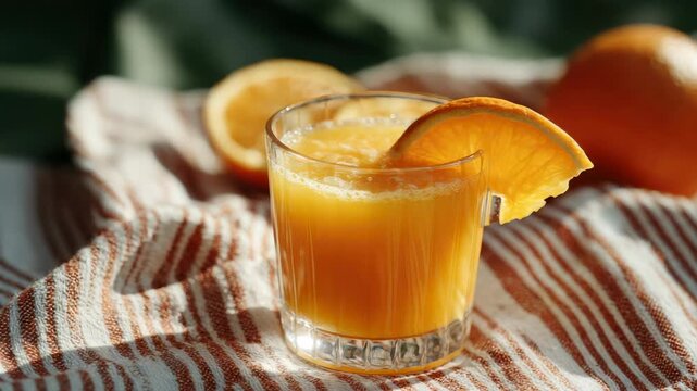 A glass of fresh orange juice garnished with an orange slice alongside whole and halved oranges