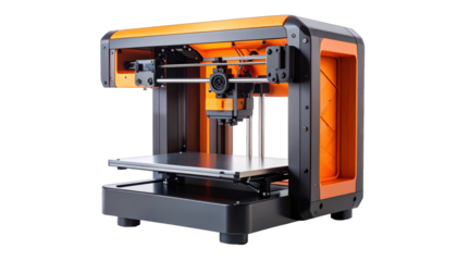 Compact 3D printer, orange and black enclosure, open frame design, isolated