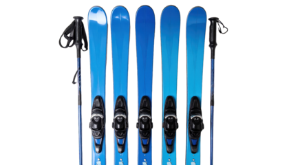A row of five skis and poles, varying shades of blue, set against black
