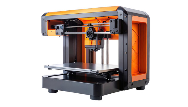 Compact 3D printer, orange and black enclosure, open frame design, isolated