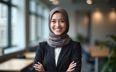 confident muslim businesswoman in hijab smiling in modern office setting professional portrait showcasing diversity and empowerment in workplace. High quality