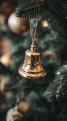 Golden Bell Ornament Hanging on Festive Christmas Tree.