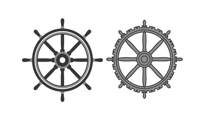 A detailed illustration showcases two distinct circular mechanisms a ship s steering wheel and a geared wheel both rendered in monochrome style and side