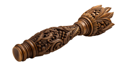 Ornate carved wooden finial with intricate floral motifs and detailed texture, perfect for decorative accents and traditional craftsmanship inspiration.