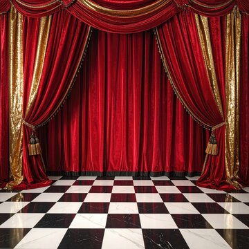 Red and gold stage curtains open to checkered floor