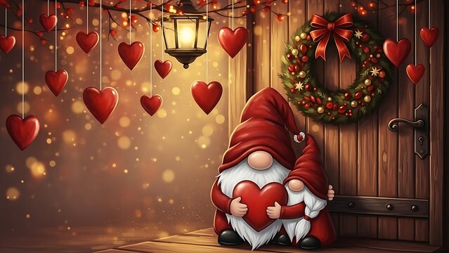 Charming garden gnome with heart welcomes visitors to a festive valentine s day doorway
