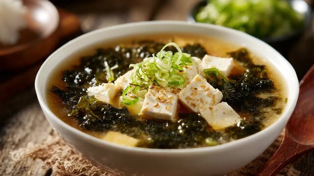 White bowl filled with miso soup tofu cubes seaweed and green onions served on a wooden surface