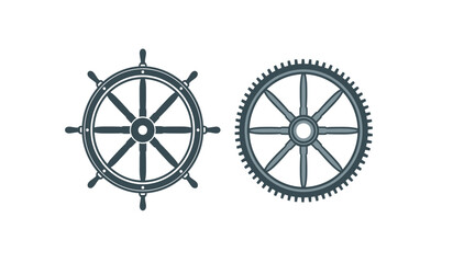 Obraz premium A detailed illustration showcasing a vintage ship wheel alongside a complex mechanical gear both rendered in a dark teal hue on a white background