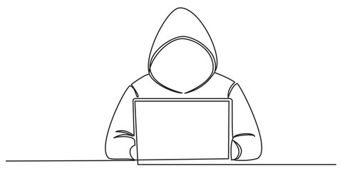 Hacker Working with Laptop One Line Drawing. Man Hacker with Laptop One Line Art. Continuous Line Vector Illustration