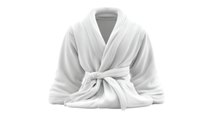 Plush white bathrobe neatly tied with a fabric belt, offering luxurious comfort and relaxation, perfect for spa promotions, hotel amenities, or wellness brand imagery.