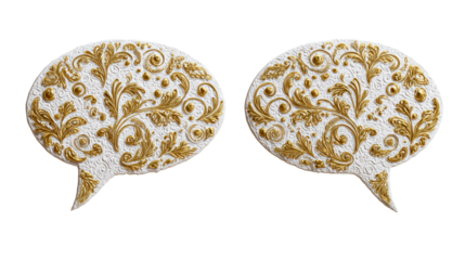 Ornate white speech bubbles adorned with intricate golden floral filigree, perfect for elegant conversation or communication themes in marketing and design projects.