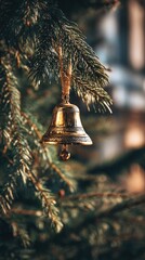 Golden Christmas Bell Hanging on Festive Pine Tree Branch.