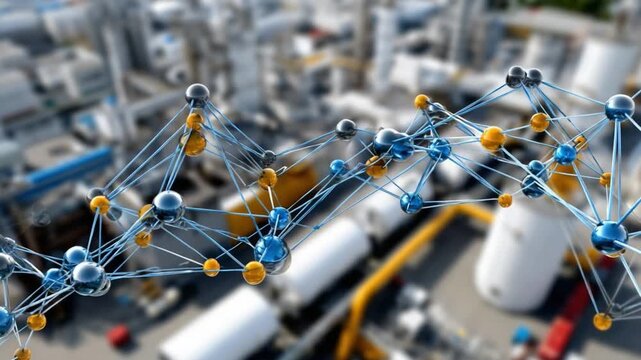 Industrial Complexity: A vibrant molecular structure is juxtaposed against a sprawling industrial landscape, showcasing the interconnectedness of science and industry.