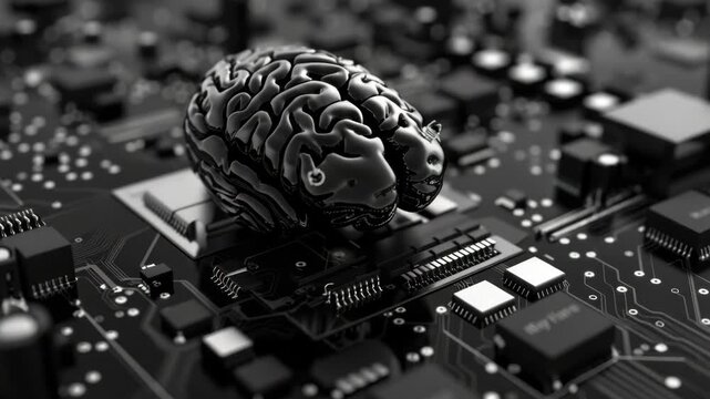 A surreal of a human brain superimposed onto the surface of a circuit board with electronic components in the background.
