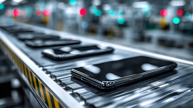 Row of sleek black smartphones moving along a high-tech assembly line conveyor belt, clean metallic environment, shallow depth of field style.