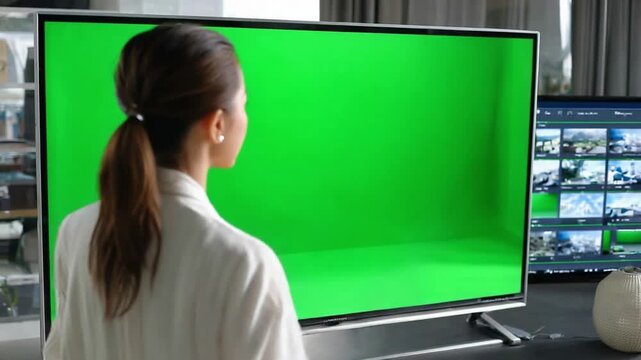 Focusing the scene: a woman facing the large screen. A woman in a studio set. Behind her, a screen is on, displaying vibrant green colors. An additional display presents more data. 