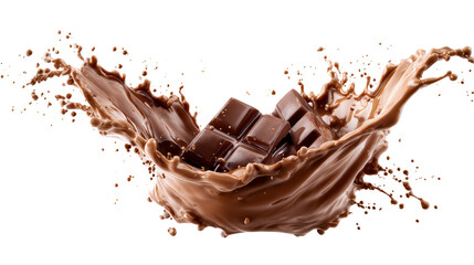 Delicious chocolate bar pieces splashing into rich liquid milk creating dynamic sweet confectionary motion for food advertising and indulgence themes