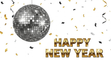Realistic New Year Disco Ball with Silver Reflections, Confetti, and Happy New Year Gold Text Vector Illustration