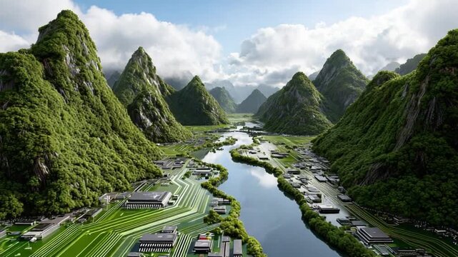 Circuit Board Landscape: An awe-inspiring landscape morphs into a circuit board, showcasing a creative fusion of technology and nature, with mountains and river