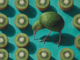 Green Kiwi Bird Foraging Among Sliced Kiwifruit on Teal Background.