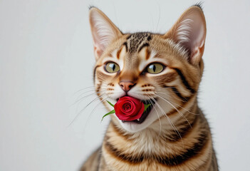 Charming cat with a rose in his teeth on a white background.