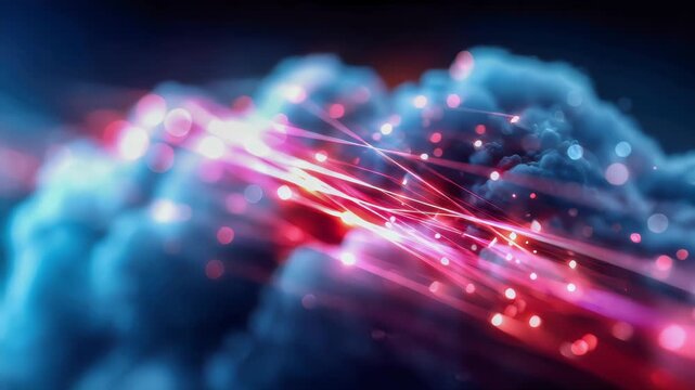 Abstract digital cloud made of glowing red and blue network connections, symbolizing fast data processing and cloud computing