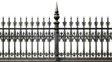 Ornate wrought iron fence with fleur de lis and finial accents, suggesting security and elegance for estate properties or historic architecture, perfect for real estate marketing and
